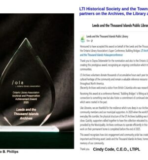 Cindy accepted the award in Toronto and then it was presented in a celebration at the Lansdowne Library, Feb 21 Ontario library association archival and preservation achievement award 2025 post